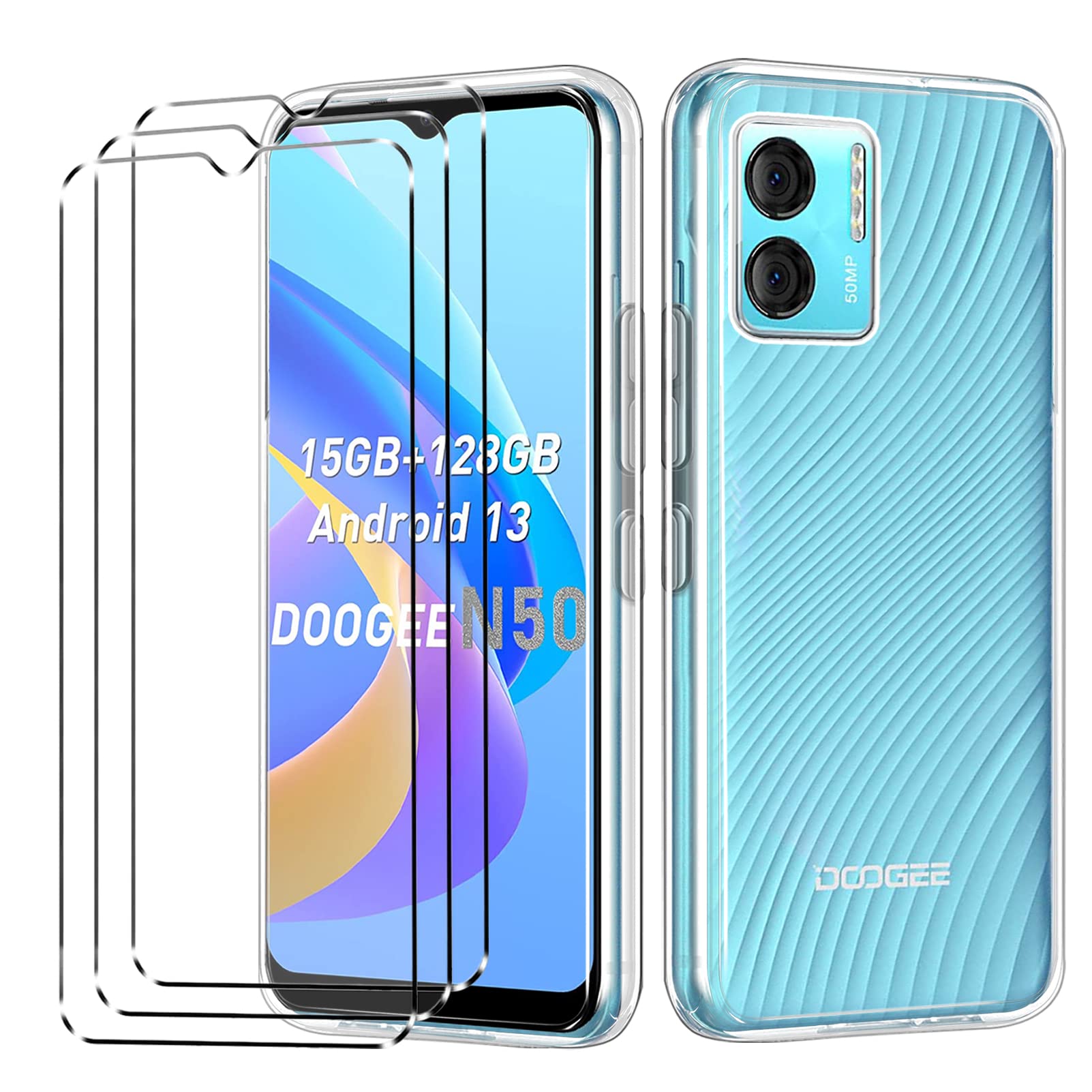 [4 in 1] Case Compatible with DOOGEE N50/n50s Cover with 3 Pack Tempered Glass Screen Protector for N50/n50s, Slim Fit Soft TPU Shockproof Anti-Scratch Phone Case Cover - Clear