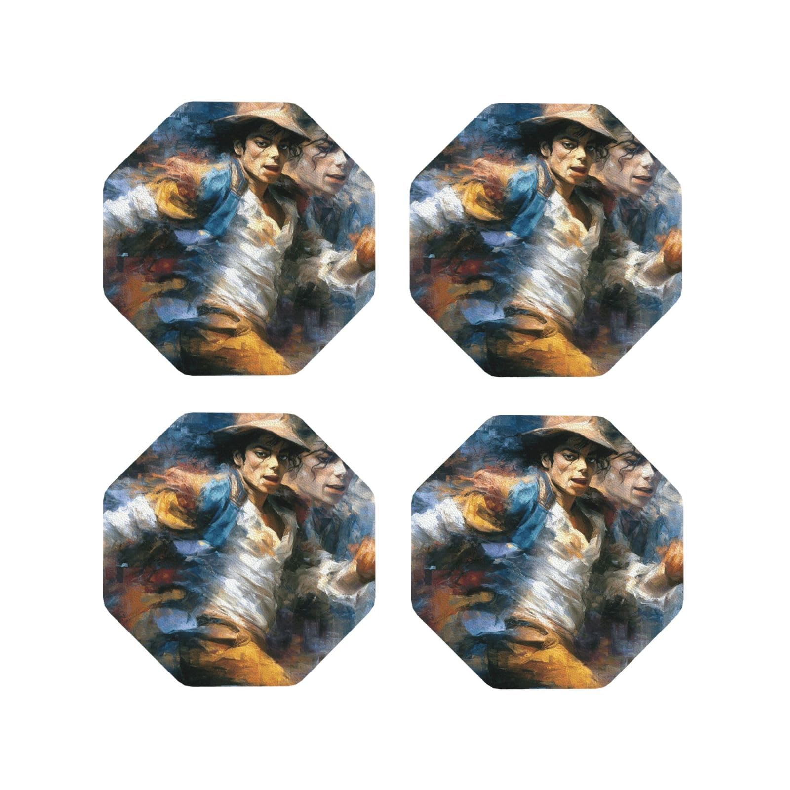 Coasters Set of 4 Round Leather Coaster Quick-Dry Drink Michael Jackson Coasters for Desk Absorbent Mugs Pads Tabletop Protection Pad Heat Resistant Coffee Cup Mat for Kitchen Bar