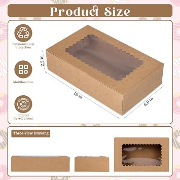 KEYIDO 20 Pack Brown Bakery Boxes with Window 10” x 6” x 2.5” Kraft Cookie Boxes Pastry Biscuit Pie Candy Packaging Boxes for Birthdays Wedding Christmas Party Favors