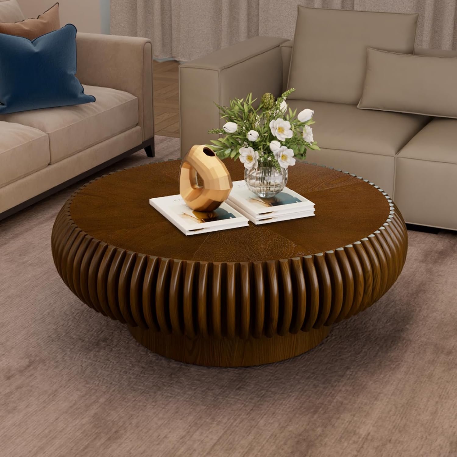 Round Fluted Coffee Table, Modern Handcrafted Drum Design, 31.5" Walnut Center Table for Living Room