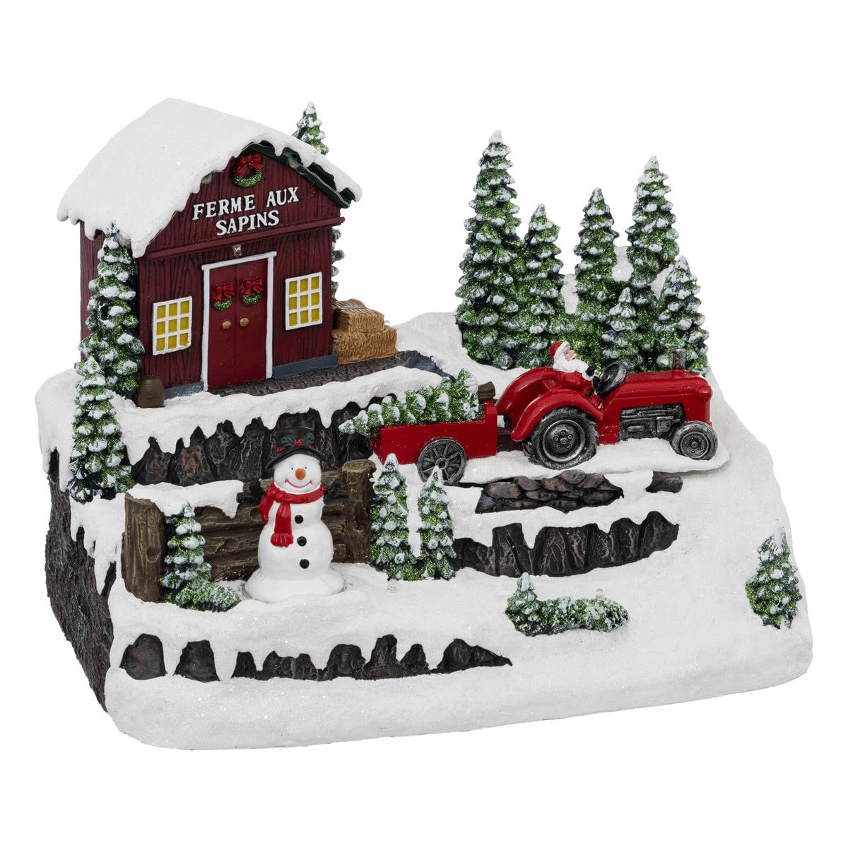 FEERIC LIGHTS & CHRISTMAS Pueblo de Navidad muñeco de Nieve Tractor Animado/Musical 10 LED + Transformador