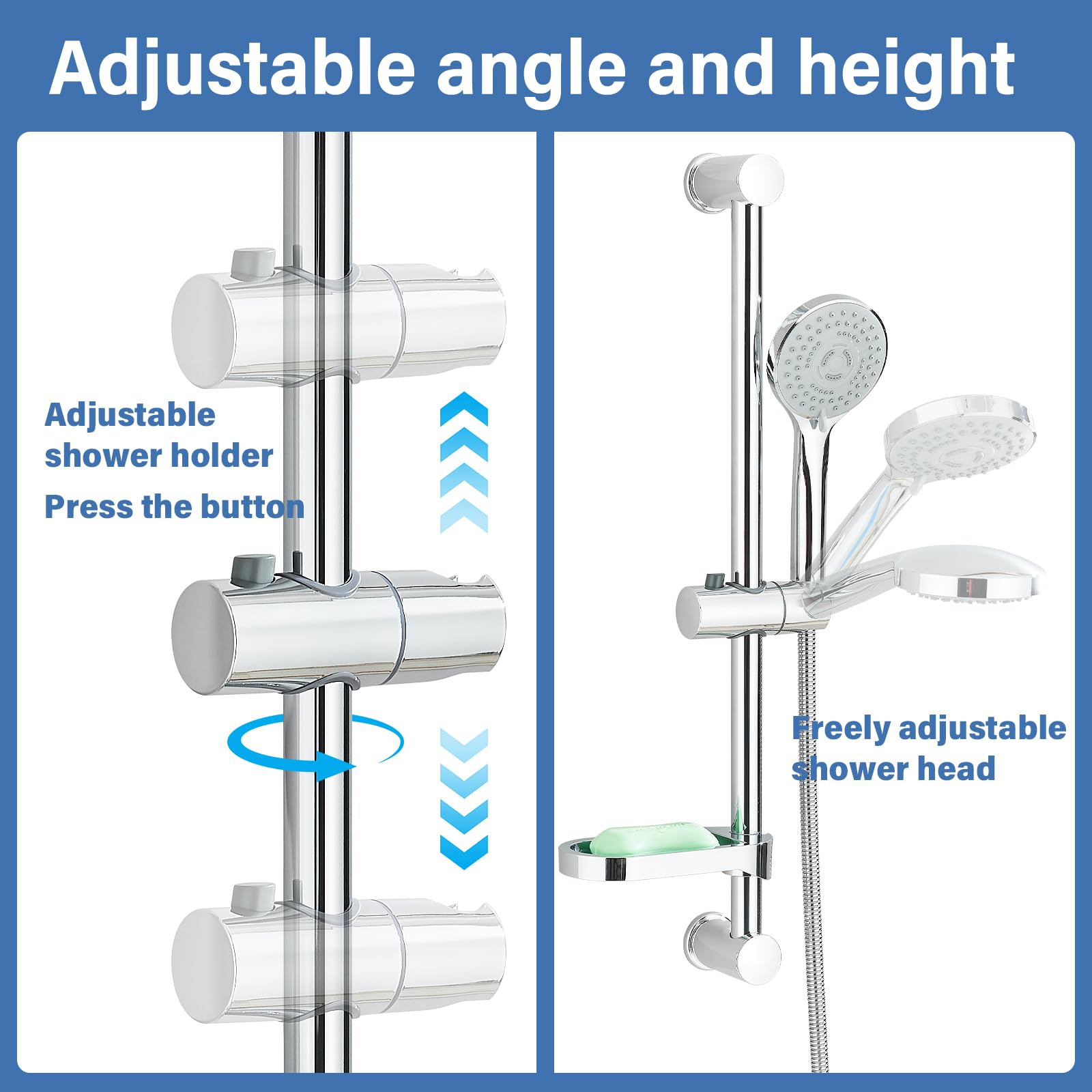 Rozin Kit asta saliscendi per doccia da bagno, regolabile, con tubo da 150 cm e portasapone