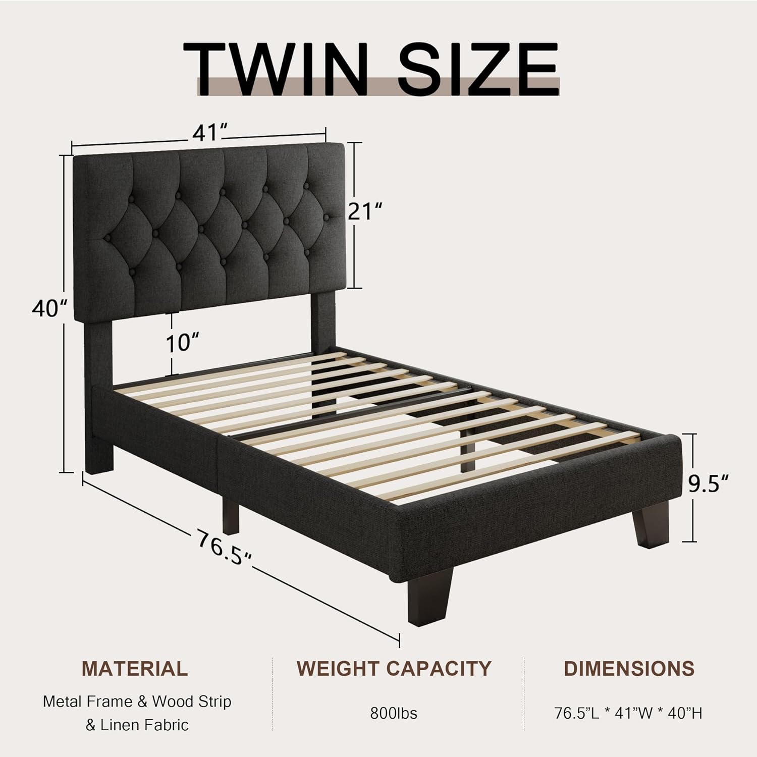 Einhomn Twin Upholstered Bed Frame with Headboard, Button Tufted Linen Bed Base, Platform Bed with Wood Slat, Heavy Duty, Easy Assembly, No Box Spring Needed, Dark Grey Dark Grey Twin