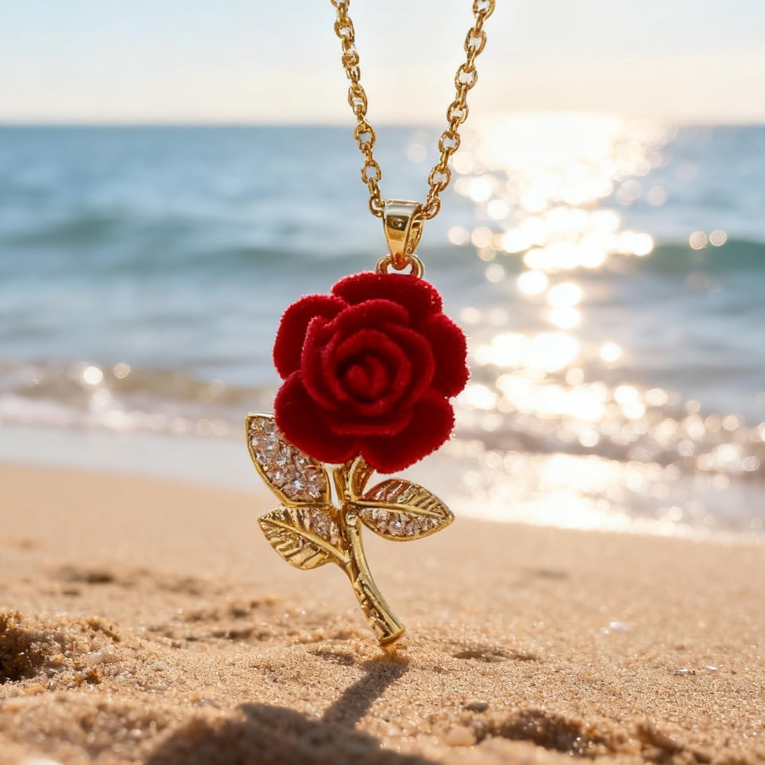 Red Rose Necklace for Women Gold Flower Pendant Necklace Romantic Jewelry Valentines Day Gifts for Her Trendy Accessory - Image 4