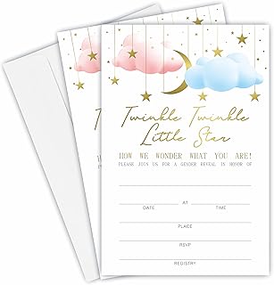 Baby Shower Invitations, Twinkle Twinkle Little Star Gender Reveal Invitation Cards With Envelopes(25 Pack), Gold Moon And Stars Theme Baby Shower Decorations And Supplies For Boys Girls(YQK-A05)
