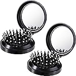 Boao 2 Pack Foldable Travel Mirror Hair Brushes Round Portable Folding Pocket Hair Brush Mini Comb Compact Travel Size Massage Comb for Men Women(Black)
