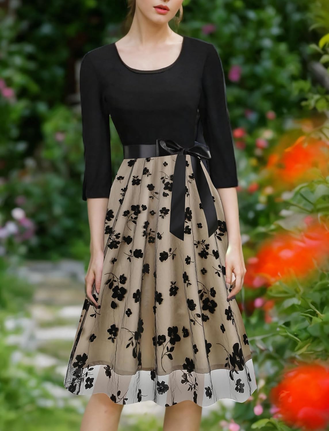 1950s Formal Vintage Cocktail Dresses for Women Retro Long Sleeve Mesh Flowy A-Line Polka Dots Floral Fall Dress