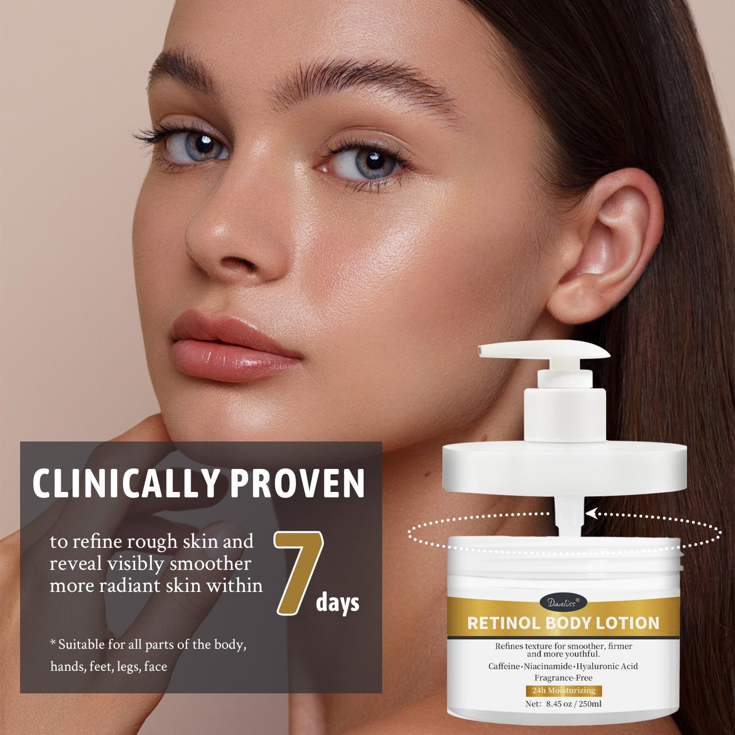 Retinol Body Lotion Fragrance-Free, Anti-Aging Firming Body Cream and Face Moisturizer with Niacinamide Hyaluronic Acid & Shea Butter, Helps Diminish the Look of Crepey Skin for Women & Men 8.45 oz - Image 3