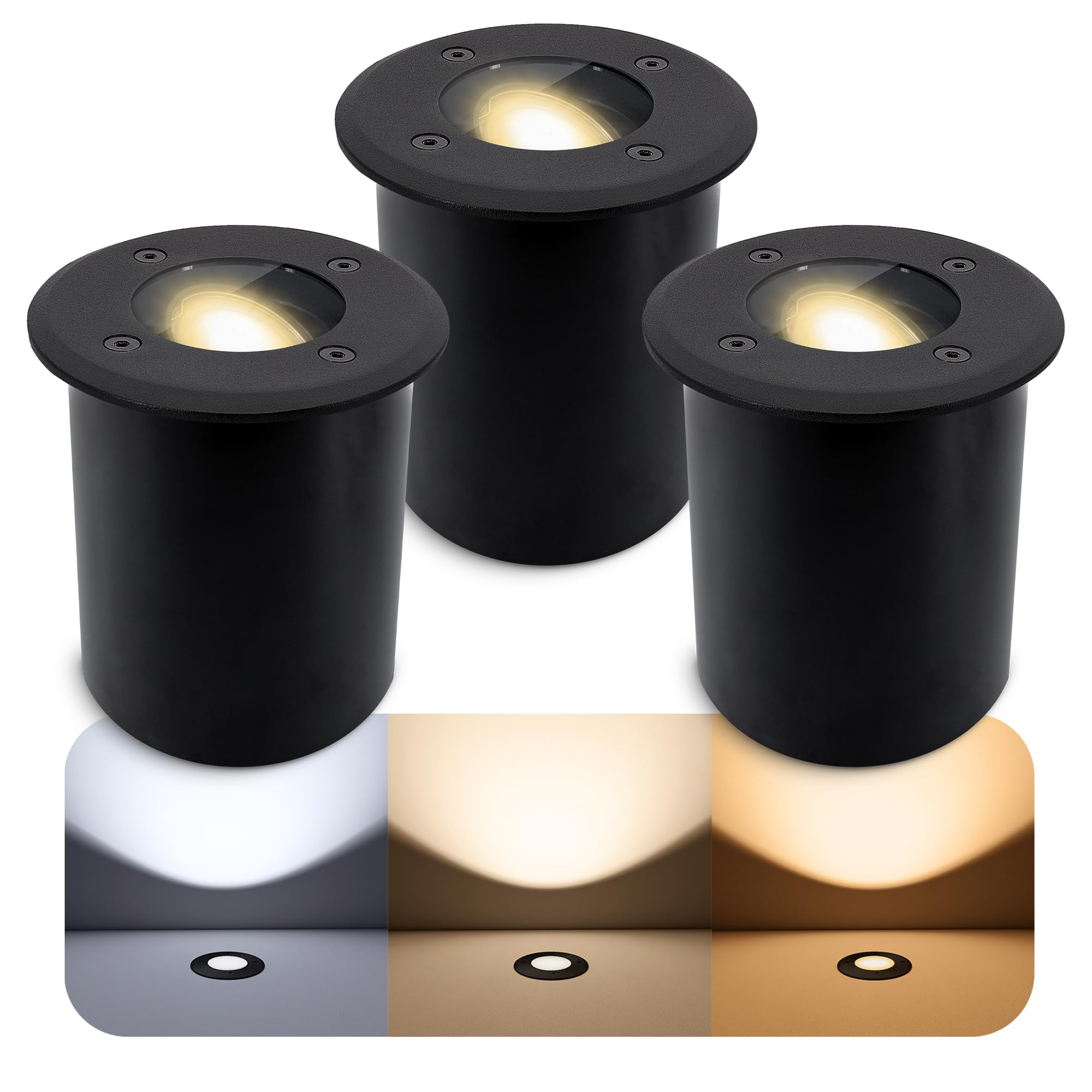 SSC-LUXon 3er Set JUAVI Bodeneinbauleuchte aussen IP67 LED - Bodenstrahler schwarz matt befahrbar - mit GU10 LED Lampe 5W drei Lichtfarben