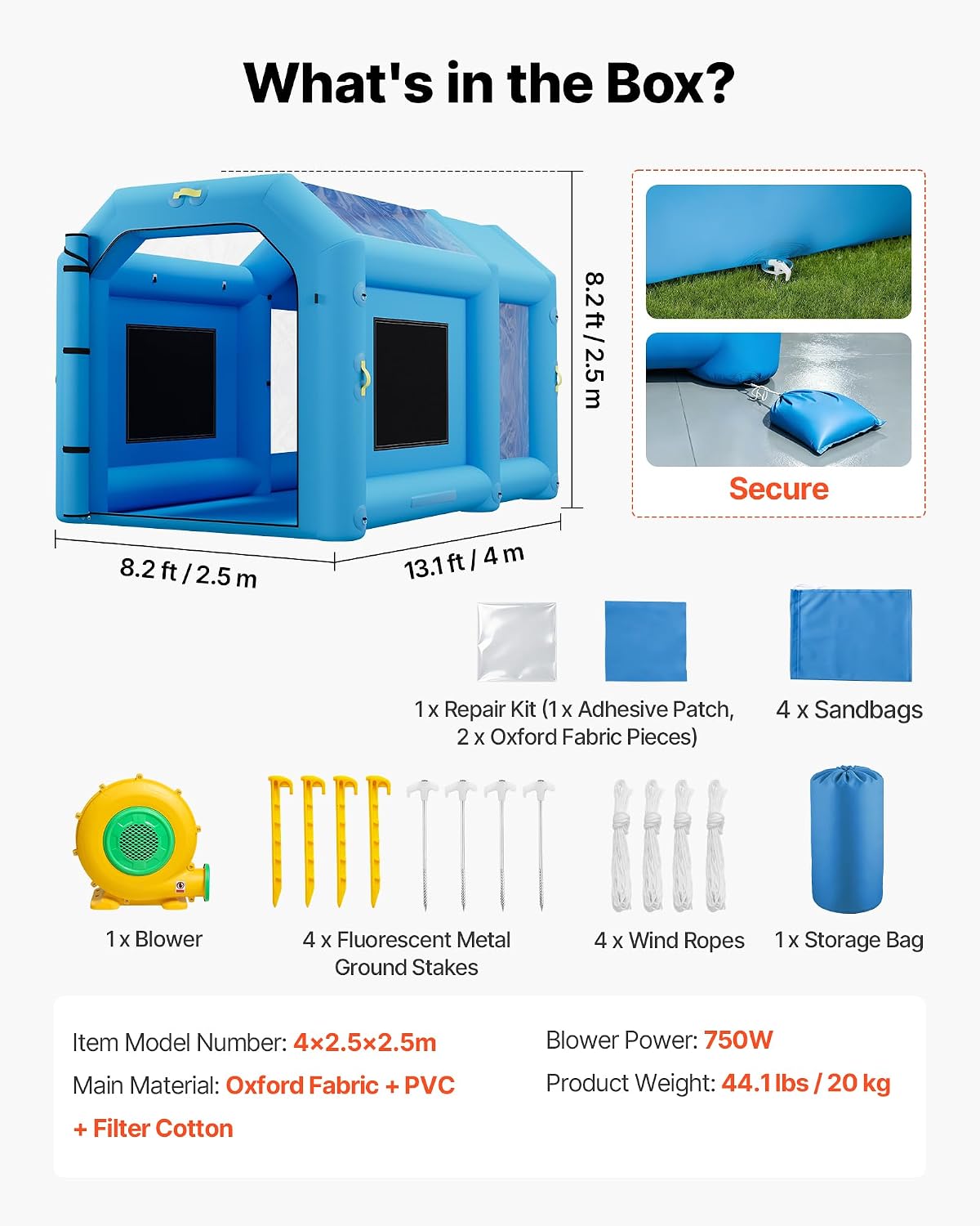 VEVOR Inflatable Paint Booth, 13.1 x 8.2 x 8.2 ft, Portable Spray Booth with 750W Powerful Blower and Large Filter Cotton, Blow Up Painting Tent for Bike, Motorcycle, and Small Furniture, Blue