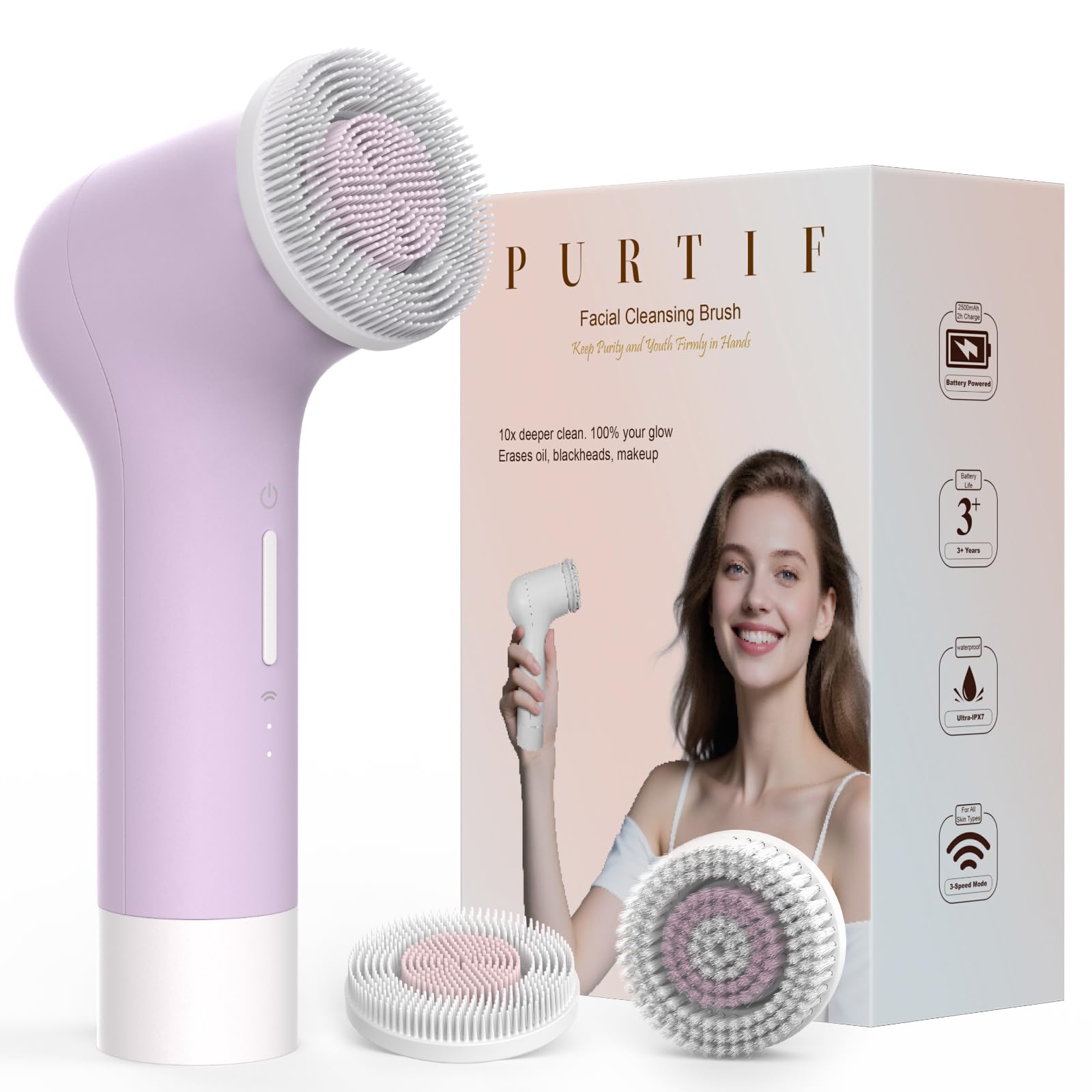 Cepillo eléctrico de limpieza facial, exfoliante facial de silicona recargable con cabezales de cepillo patentados de doble anillo, 3 velocidades de rotación, cepillo exfoliante sin vibración