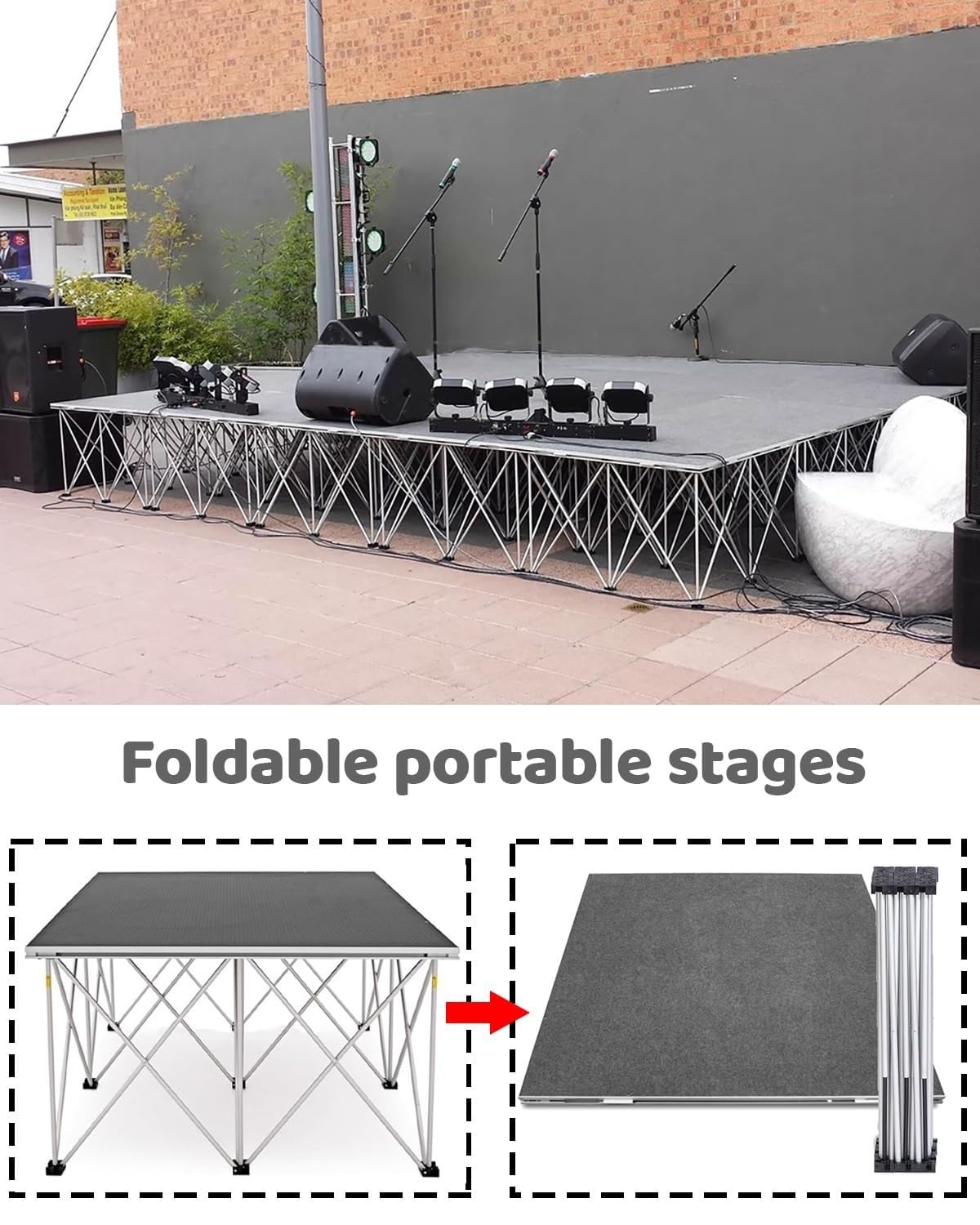 Tragbares modulares Bühnenpodest, 3,3'x3,3' / 4'x4' Event-Podium für Hochzeiten, Trommeln und Auftritte, zusammenklappbar und höhenverstellbar (20 cm/7,9") – einfache Montage