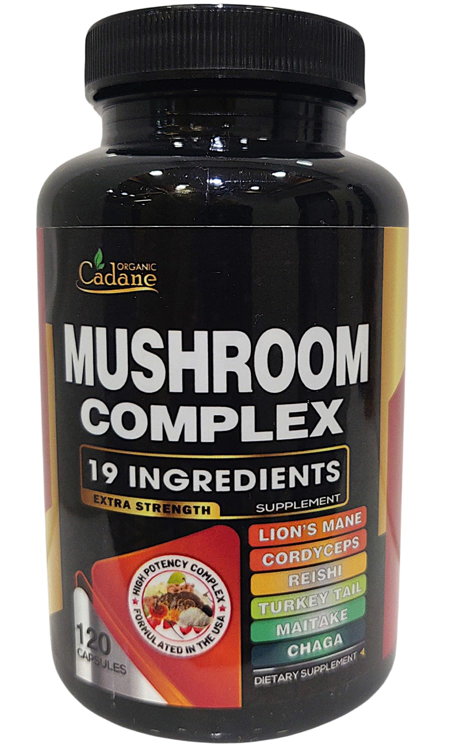 Cadane Mushroom Complex Supplements - 19in1 Concentrated with Lions Mane, Cordyceps Sinensis, Reishi, Turkey Tail Mushroom, Maitake, Chaga, Shiitake, Enoki, Agaricus, and More - 120 Vegan Capsules