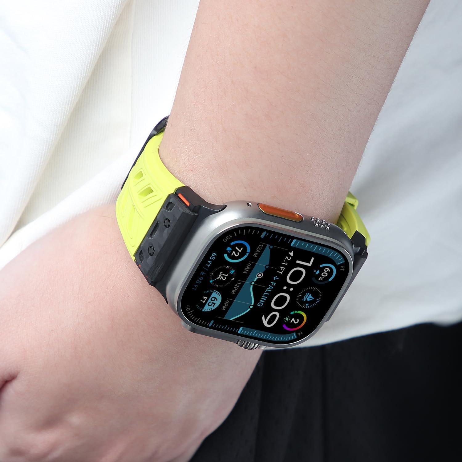 For Apple Watch Band 46mm 49mm 45mm 44mm Fluoroelastomer (FKM) Carbon Fiber Inlay Sport Wristband Sweat-proof Strap for Men's iWatch Series 11 10 9 Ultra 3/2/1 SE 8 7 6 5 4 3 2 1 Band 42mm(Fluorescent Green)