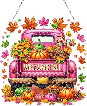 POETRYDRAW DIY Hanging Diamond Art Pendant Kit Fall Truck, Special Crystal Diamonds Painting Ornament for Adults, 5D Diamond Art Suncatchers Double Sided Board Gem Painting Box Kit Pink-01