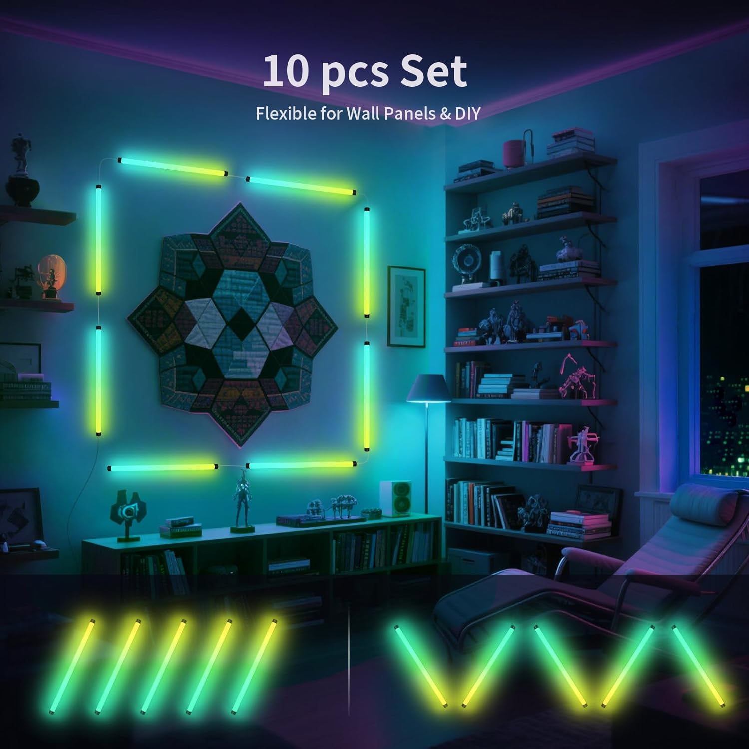 Music Sync LED Wall Lights, 10 Pack RGB Light Bars with App Control, USB Powered Beat Activated Lights for Gaming Room, Party, Home Decor