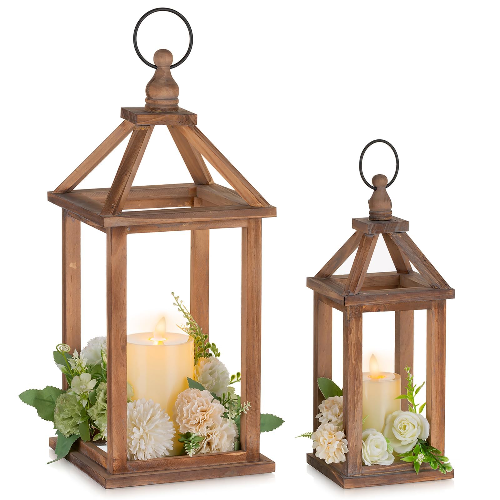 Romadedi Holzlaternen Dunkelbraun, 2er Set 30/40 cm mit Dach | Kerzenlaternen im Pavillon-Design für Kerzen, für Balkon, Garten, Hochzeit, Tischdeko und Innenräume