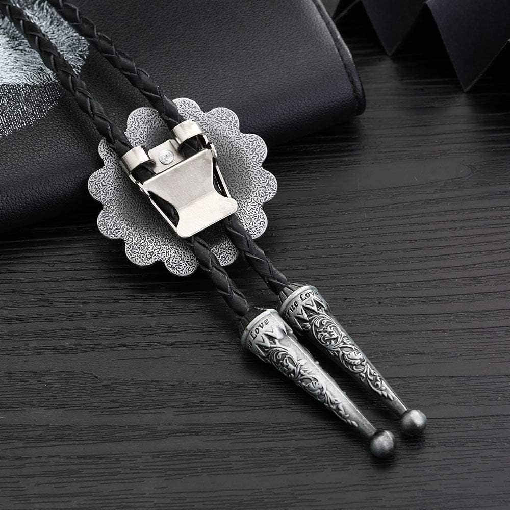 Western Skull Head Bolo Tie for Men & Women, Round Antique Silver Tone with Roman Numerals & Sunflower Design, Cowboy Gothic Biker Adjustable Leather Rope Necktie