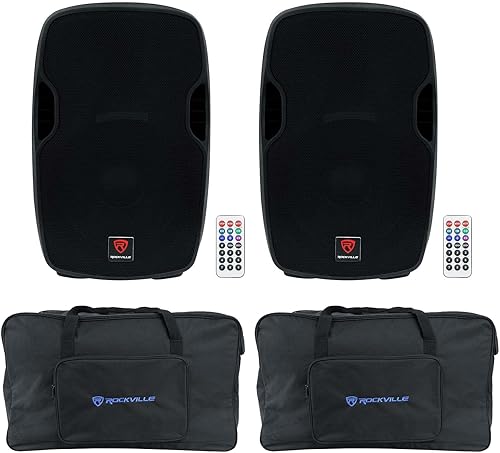 (2) Rockville BPA15 15" Bluetooth 1600w DJ PA Altavoces + Bolsas de altavoces resistentes a la intemperie