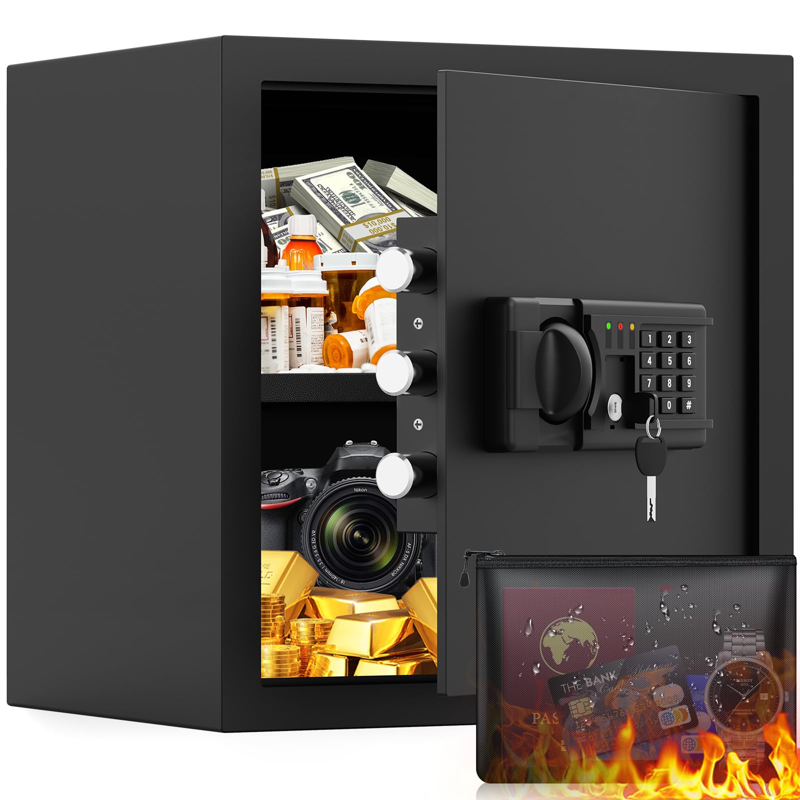 3.0 cuft safes for home, fireproof safe box, home safes fireproof waterproof with electronic keypad & fire proof bag, removable shelf, smart alert, safe box for home documents money medicine