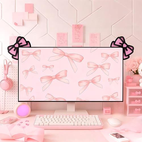 Miniatura 6 de Thyle 2 piezas de decoración de monitor de computadora con lazo rosa 3D de madera linda decoración de computadora coqueta, decoración de PC, mini
