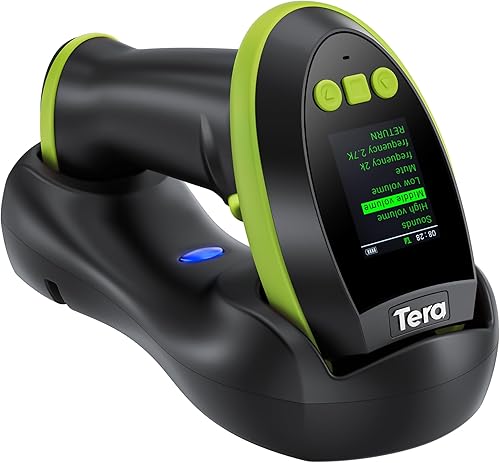 Tera Escáner de Código de Barras Inalámbrico con Pantalla Versión Pro 1D 2D QR con Teclado de Configuración, Cuna de Carga, Funciona con Bluetooth