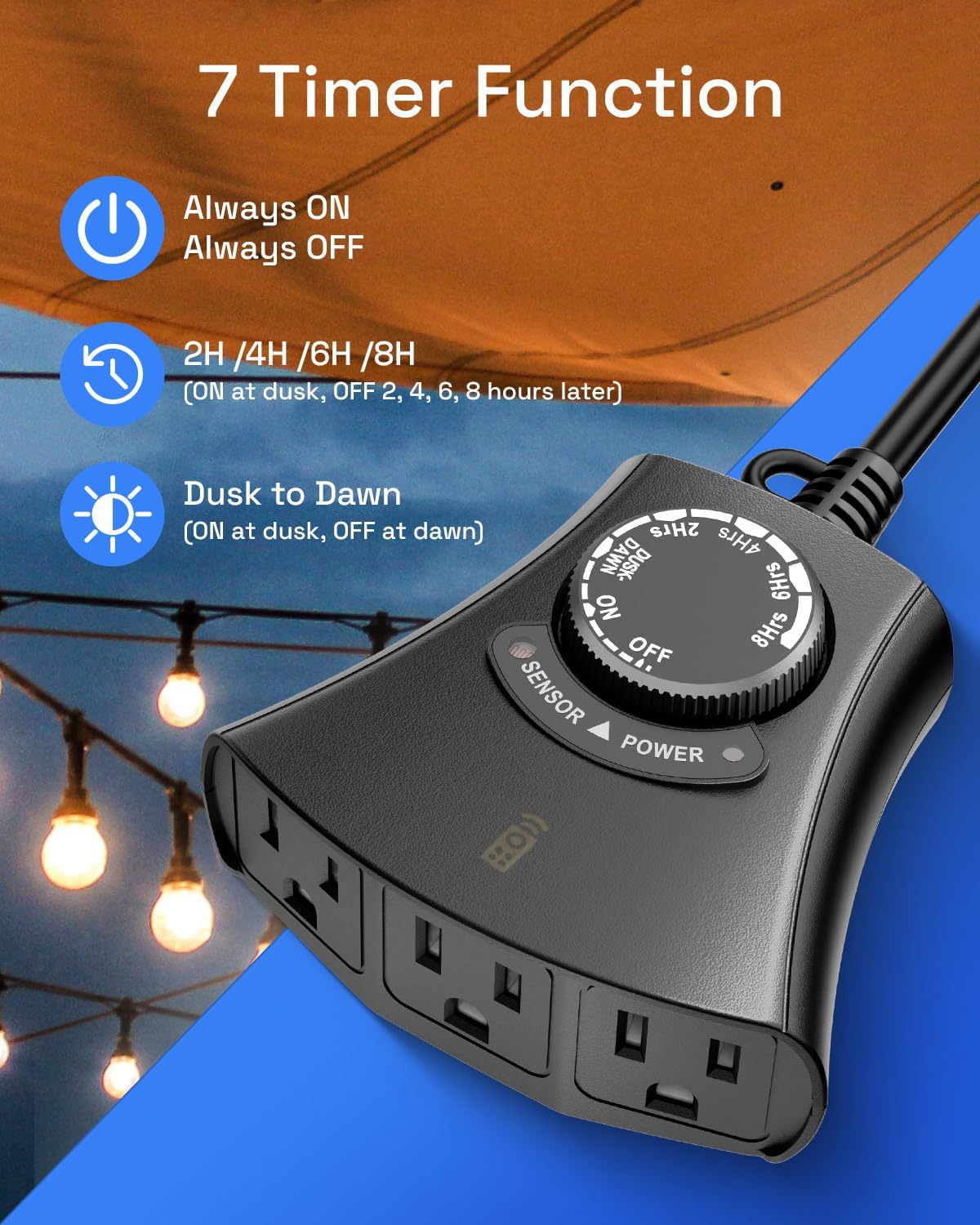 HBN Outdoor Light Timer with dial showing 7 timer functions