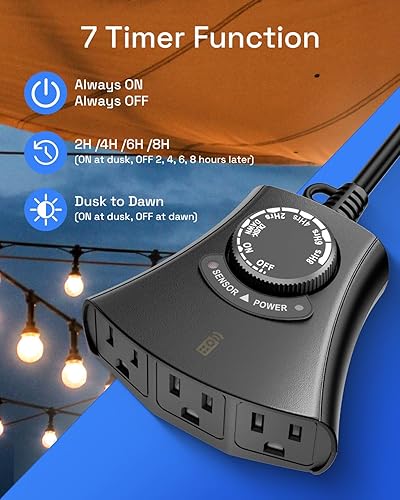 Vista 16 de HBN Temporizador de luz exterior con control remoto, temporizador de sensor de luz impermeable, rango inalámbrico de 100 pies, 2 tomas de tierra