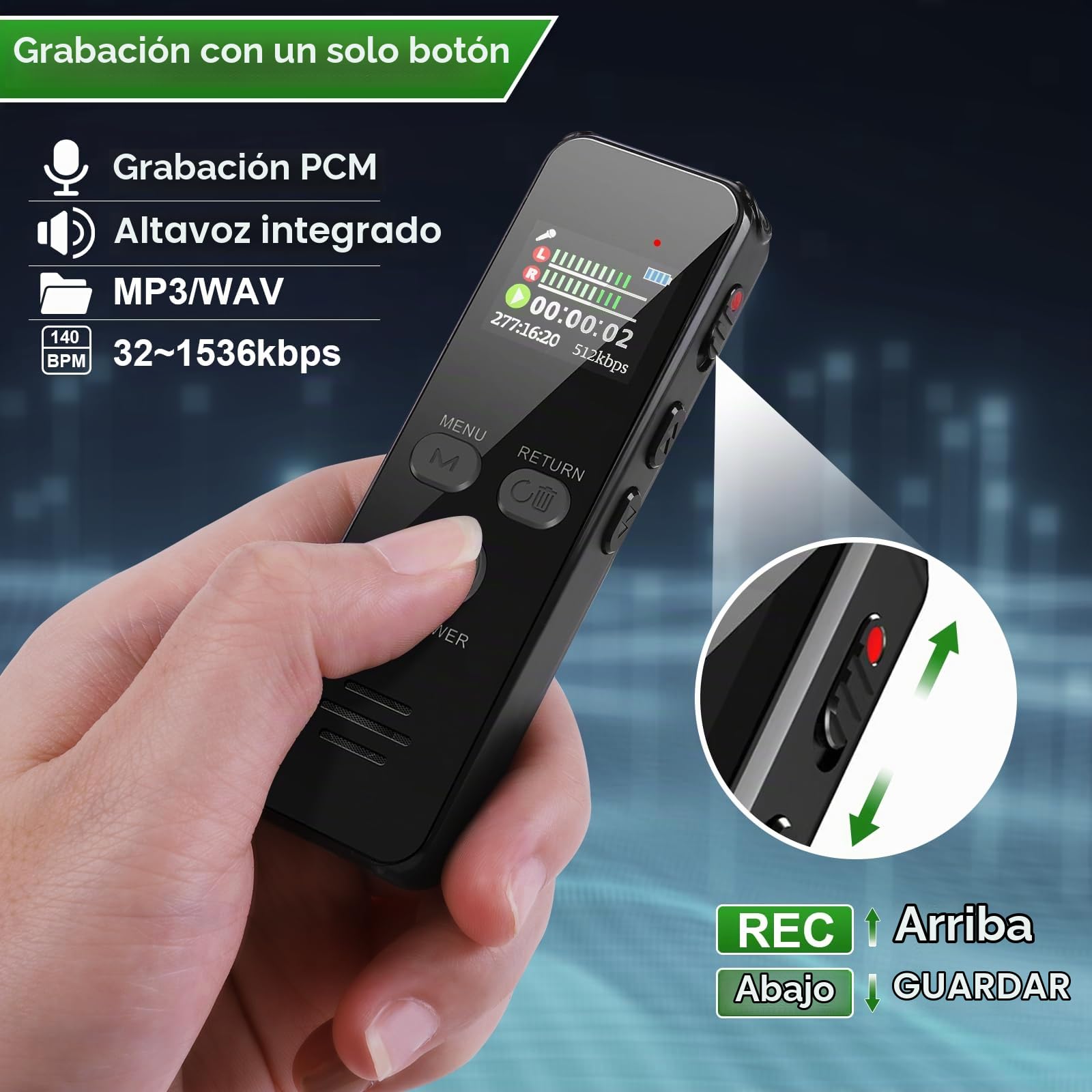 60Horas Grabadora de Voz, 64GB Carcasa Metálica Grabadora de Audio Activada por Voz con Contraseña, USB C, para Conferencias Reunión Clase Entrevistas