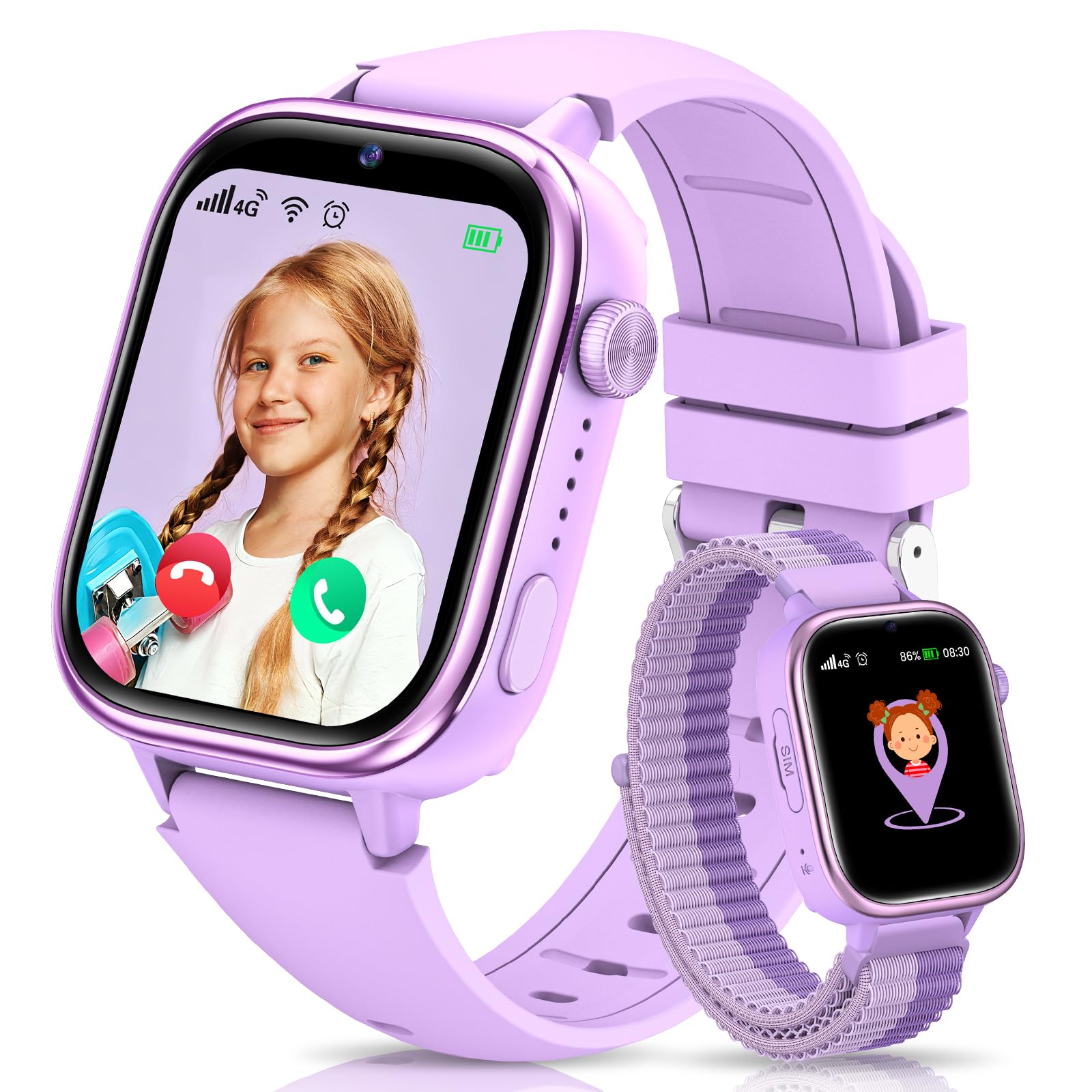 Nuevo 4G Reloj Inteligente Niño con Videollamada & GPS, Smartwatch Niños con SOS, Chat de Voz, Modo Escuela, Podómetro, Despertador, Monitor de Sueño IP68 Impermeable Regalo para Niños Niñas, Púrpura