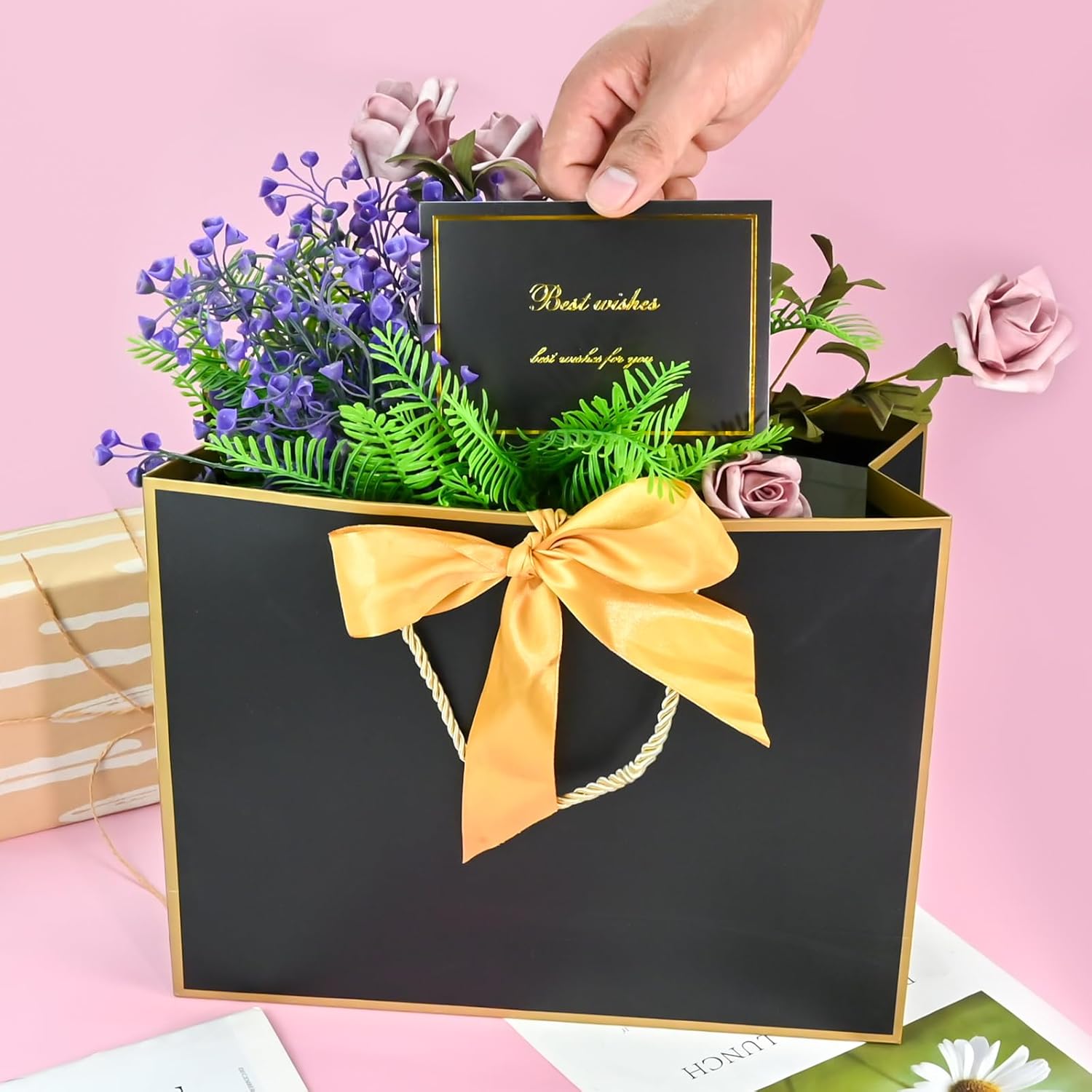 20PCS Black Gift Bags with Handles,12.6×9.8×4.3 Inches Welcome Bag Return Gifts with Handles, Birthday Gift Bags with Ribbon, Greeting Cards for Wedding Baby Shower Bridesmaid Party Gift (Black-Gold) - Image 6