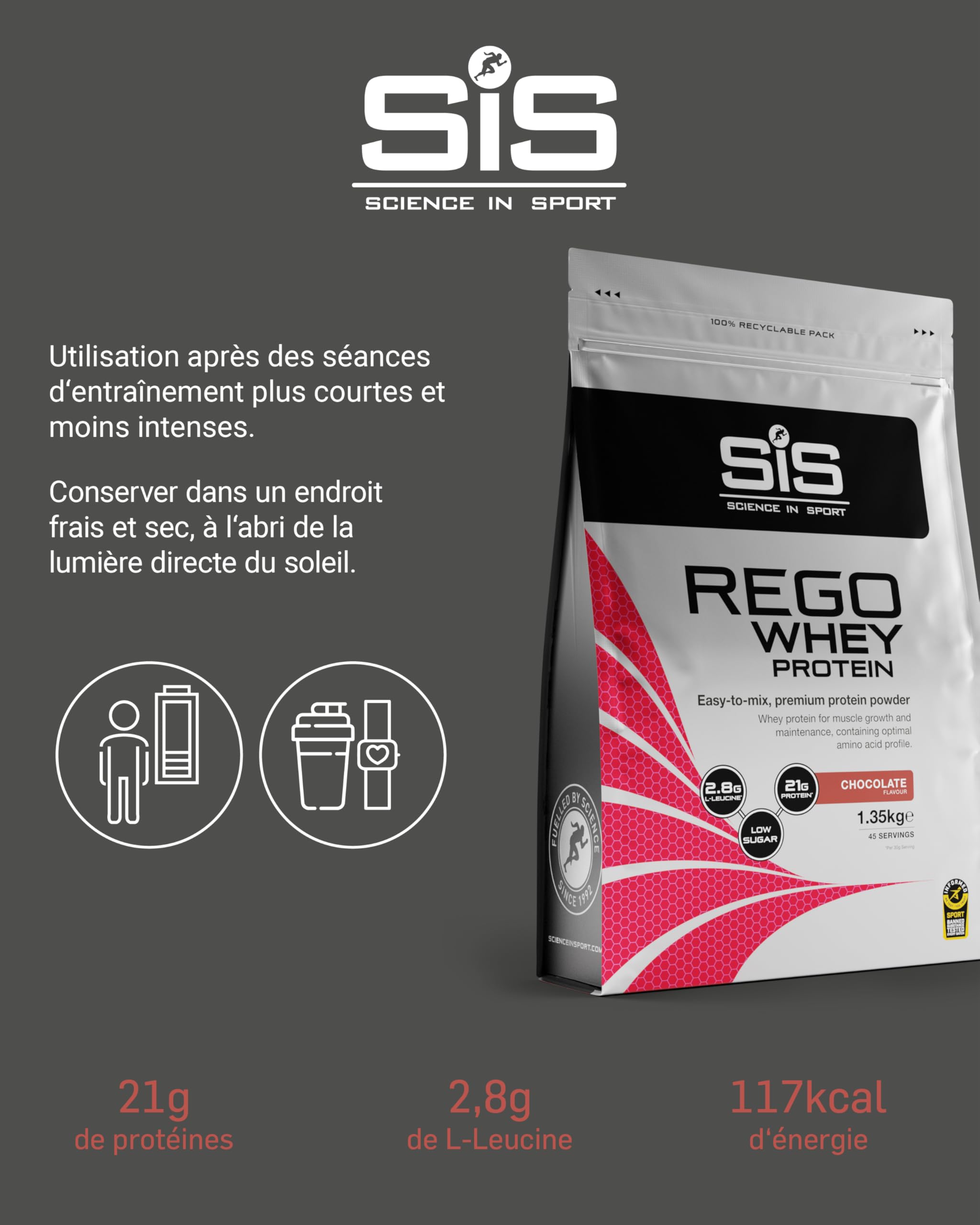 Science in Sport Rego Whey Protein Poudre 1,35kg Chocolat - Poudre récupération avec glucides, protéines, électrolytes, vitamines et minéraux, soutient un entraînement efficace, 100% Whey