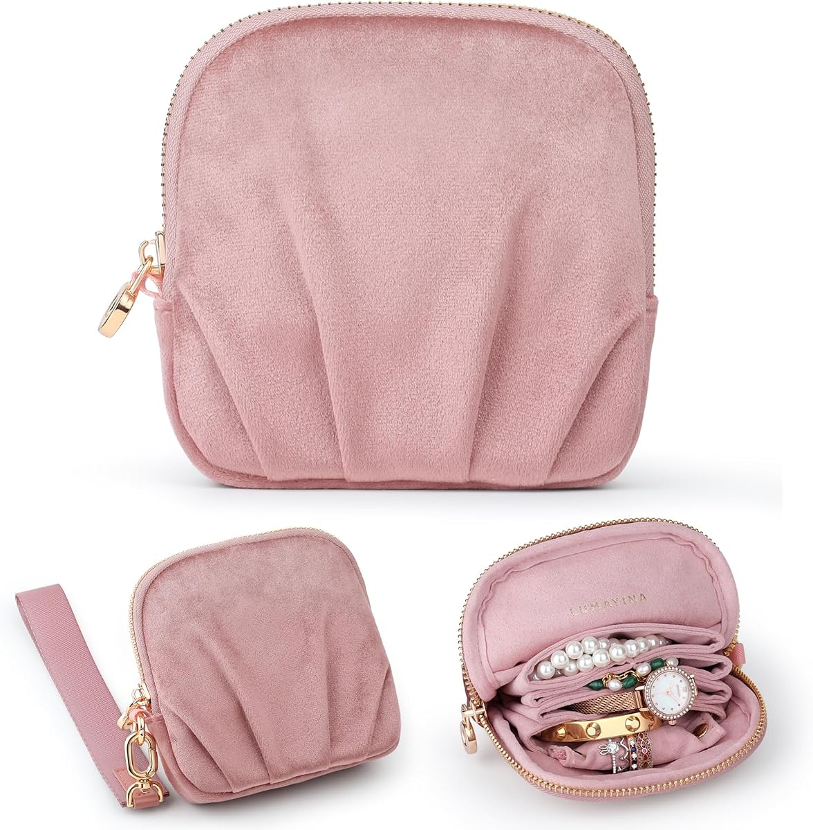 Bolsa de viaje para joyas de terciopelo, estuche 2 en 1 con inserto desmontable | Bolsa organizadora de joyas portátil con cremallera, inserto de 4 compartimentos y correa para la muñeca para pulseras, anillos, aretes y accesorios