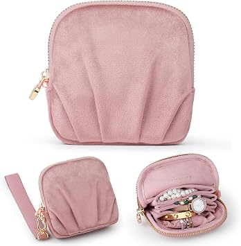 Velvet Travel Jewelry Pouch, 2-in-1 Clamshell Case with Detachable Insert, Portable Travel Jewelry Organizer with Wrist Strap, Converts to Mini Coin Purse, Gift for Women & Girls (Dusty Pink)