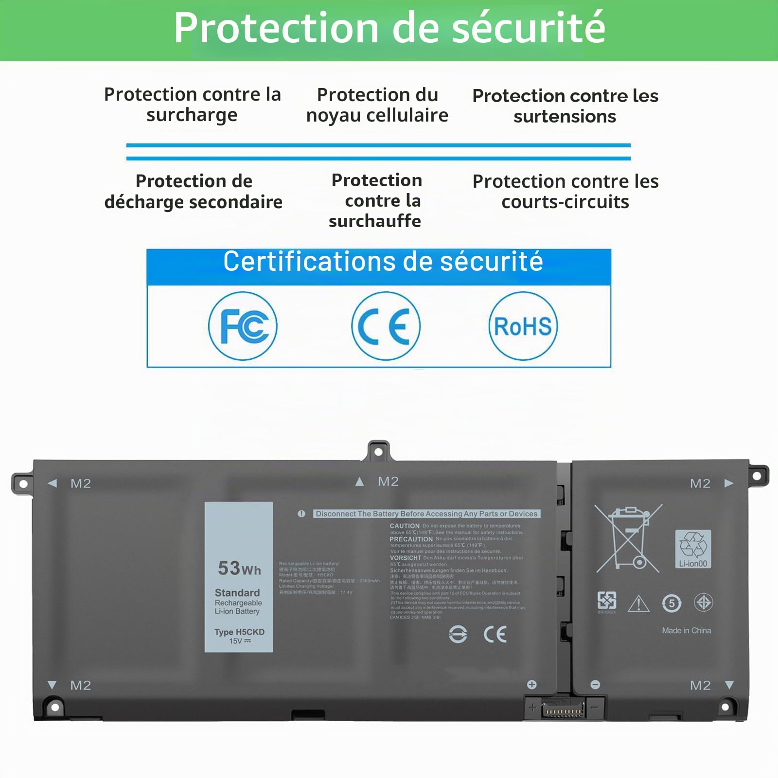 53Wh H5CKD Batterie compatible avec Dell Inspiron 5400 5406 7405 7300 7306 7500 7506 2-en-1 Argent 5300 5301 5401 5402 5408 5409 5501 5502 5088 5085509 Series Latitude 3120 3410 3510 Vostro 5501 5402