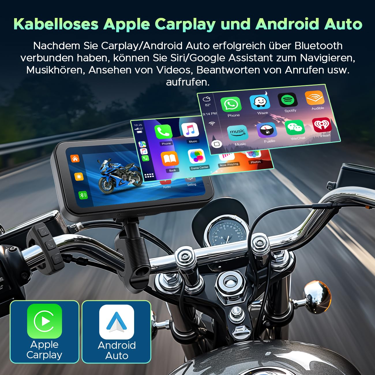 Lamto Senza Fili Schermata Carplay Per Moto, Schermo Carplay GPS da 6,25 Pollici, Stereo Portatile CarPlay Senza Fili & Android Auto Per Moto, IP67 Impermeabile Touchscreen, Bluetooth, Siri, G00gle