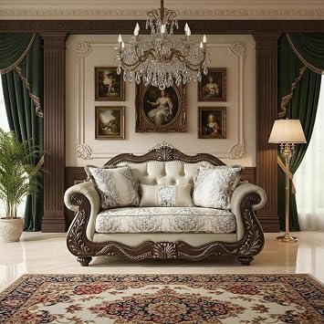 Sofa, Traditional, Luxury, Beige, Cherry, for Living Room, Home Seating | Beige Fabric Upholstery with Button Tufted Design, Cherry Finish Wood Legs, Classic Luxury Loveseat for Living Room