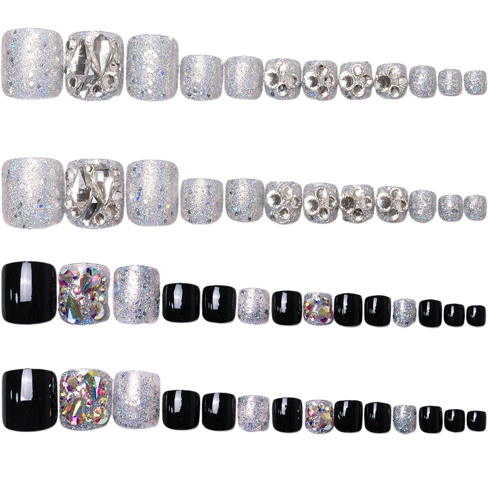 Tepengdie48Pcs Press on Toenails Fake Toe Nails with Glue Short Square False Toe Nails with Bling Rhinestone Glitter Toe Nails Black and Silver