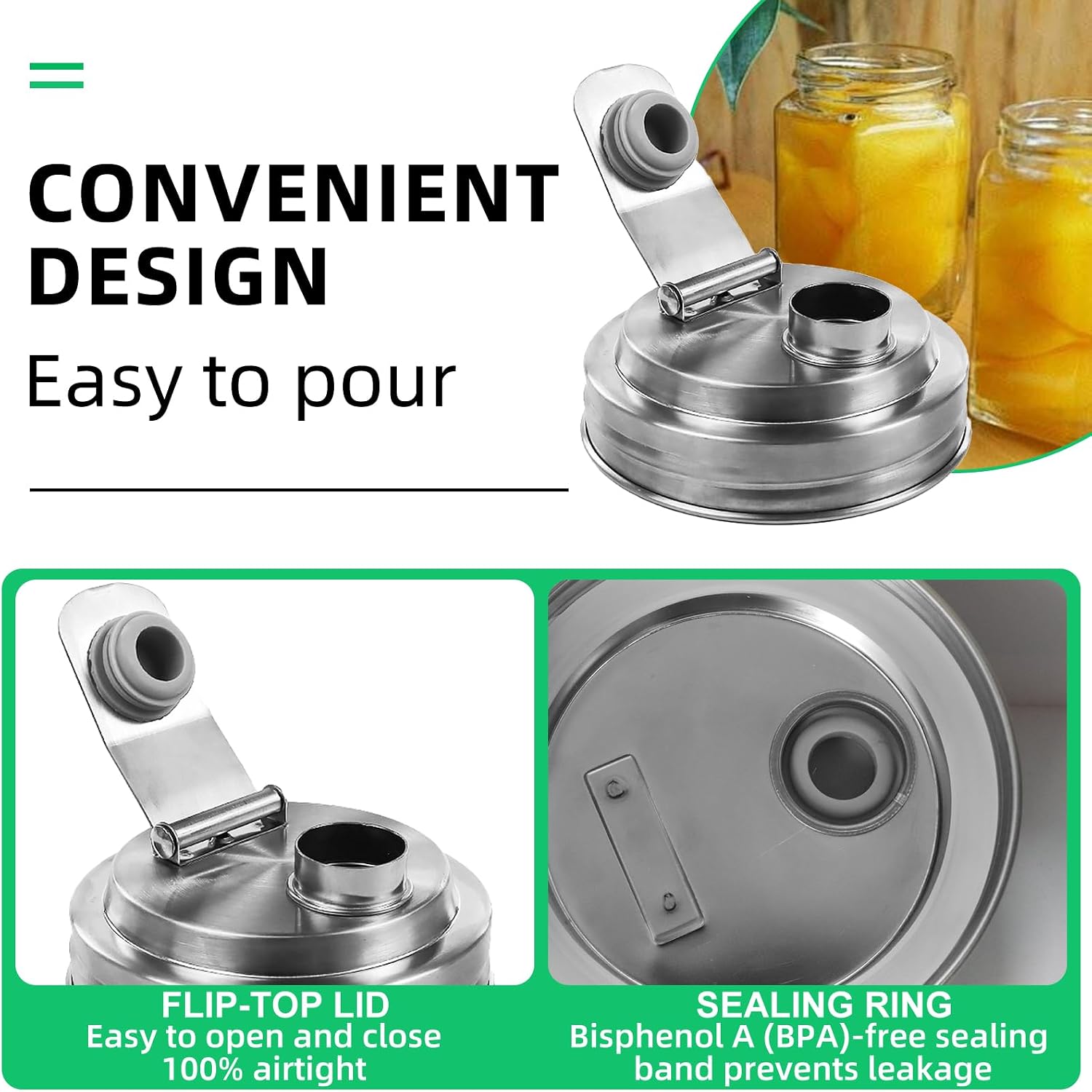 2 Pack Wide Mouth Mason Jar Stainless Steel Pour Spout Lid