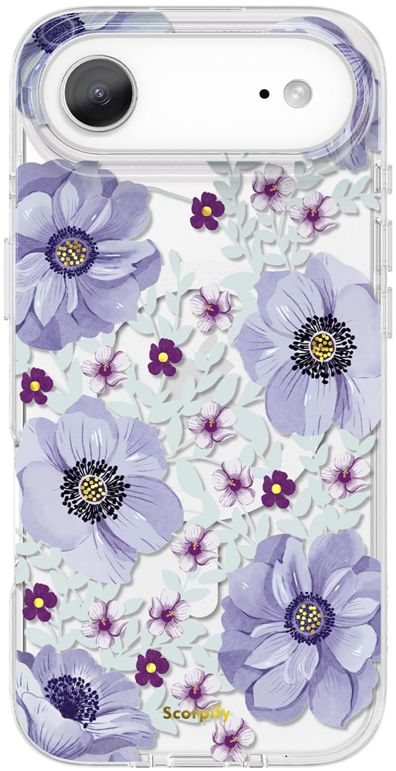 SCORPIFY for iPhone 17 Air Case [Compatible with MagSafe] with Purple Anemone Floral Design, Cute Clear Flower Phone Magnetic Cover for Women Girls, Slim Bumper with Gold Accents