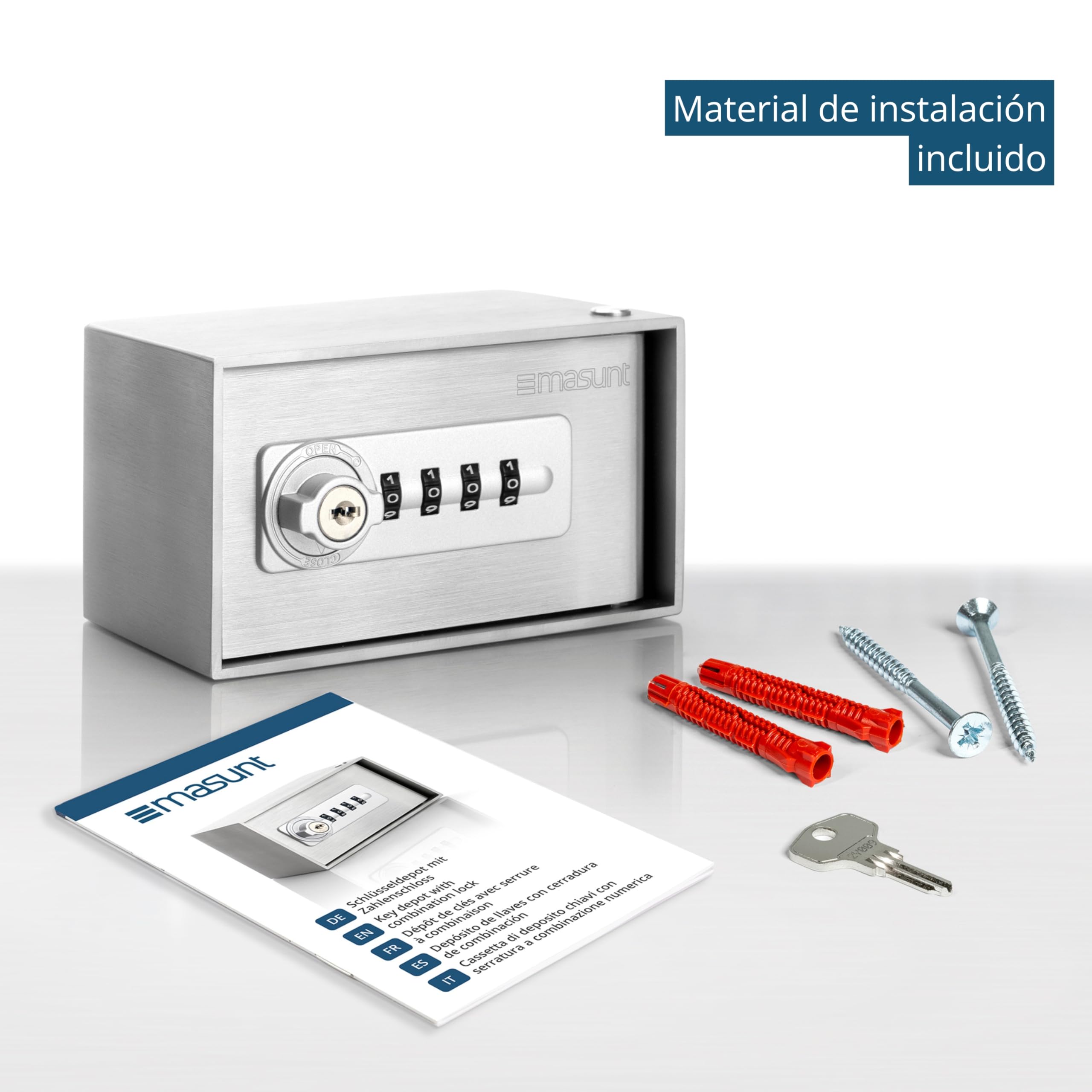 masunt Depósito de llaves 520 M Code | Caja fuerte para llaves con cerradura de combinación | a prueba de rotura | de sólido acero inoxidable V2A | apta para uso en exteriores Plata