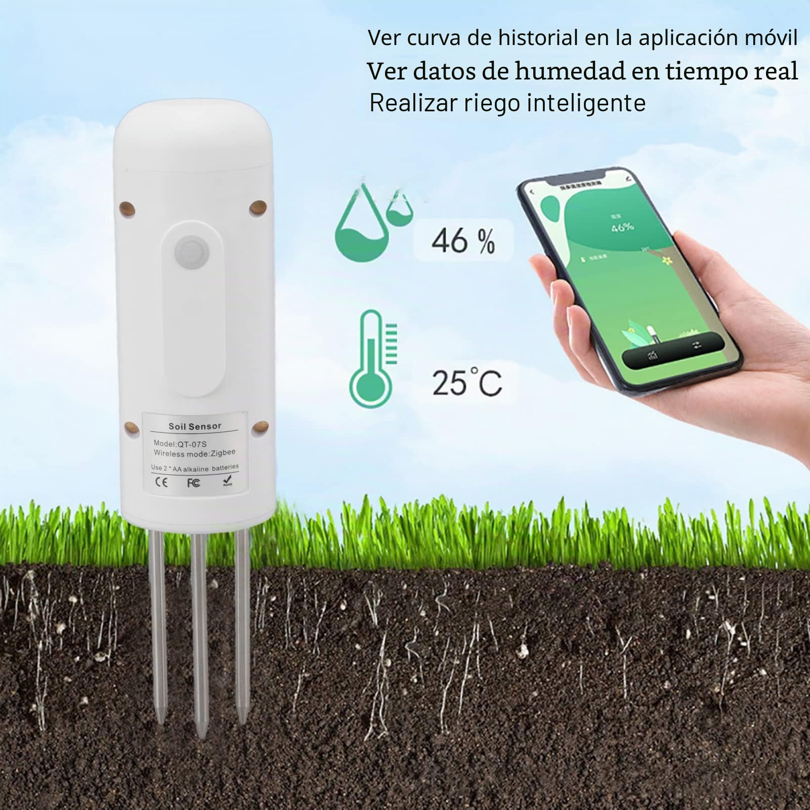 Jeanoko Sensor de Suelo Inalámbrico, Herramienta de Medición de Temperatura Y Humedad con Instrucciones Compatibles con Zigbee, Monitores de Suelo para Plantas en Macetas para Jardinería