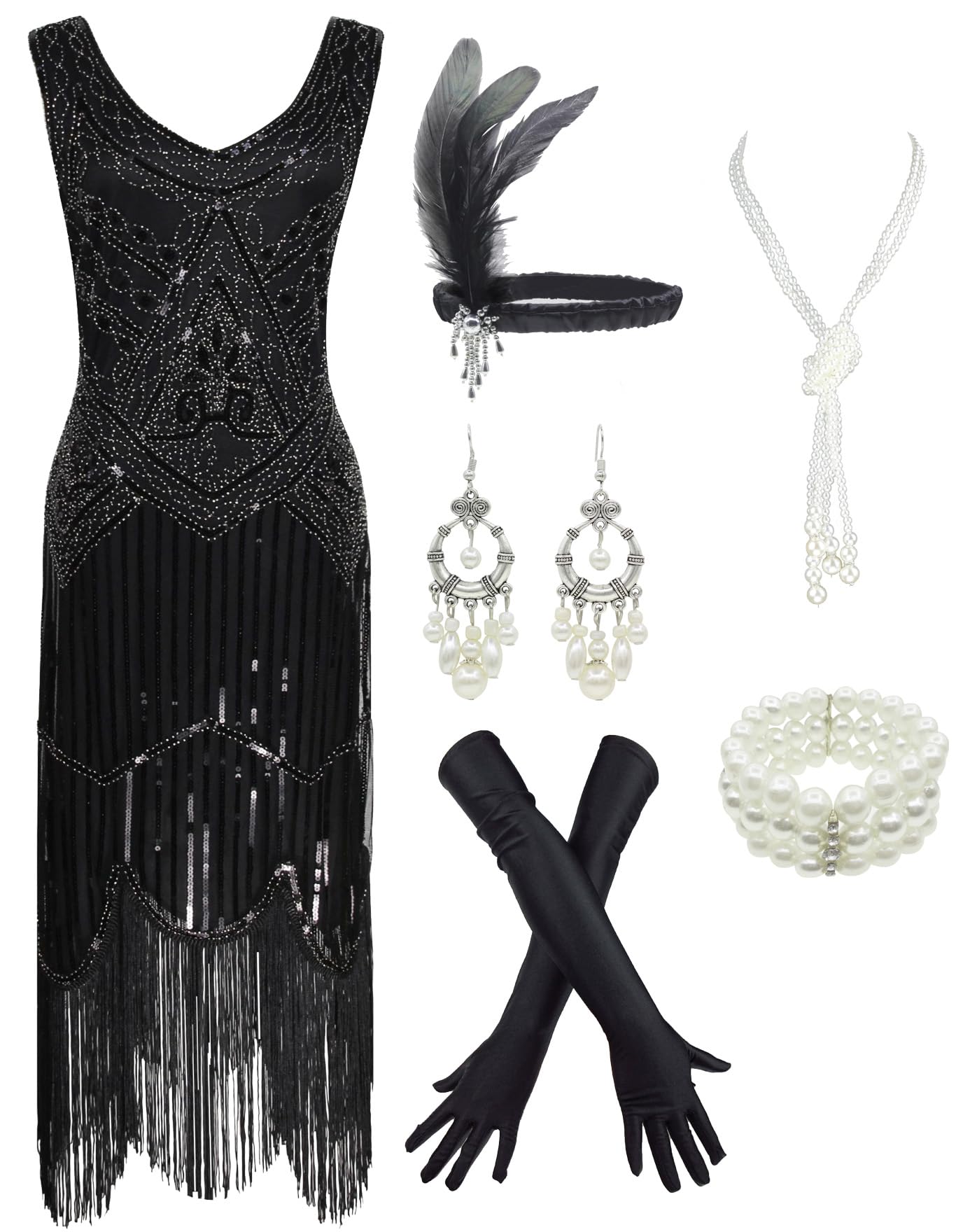 1920s Gatsby Sequin Fringed Paisley Flapper Dress with 20s Accessories Set