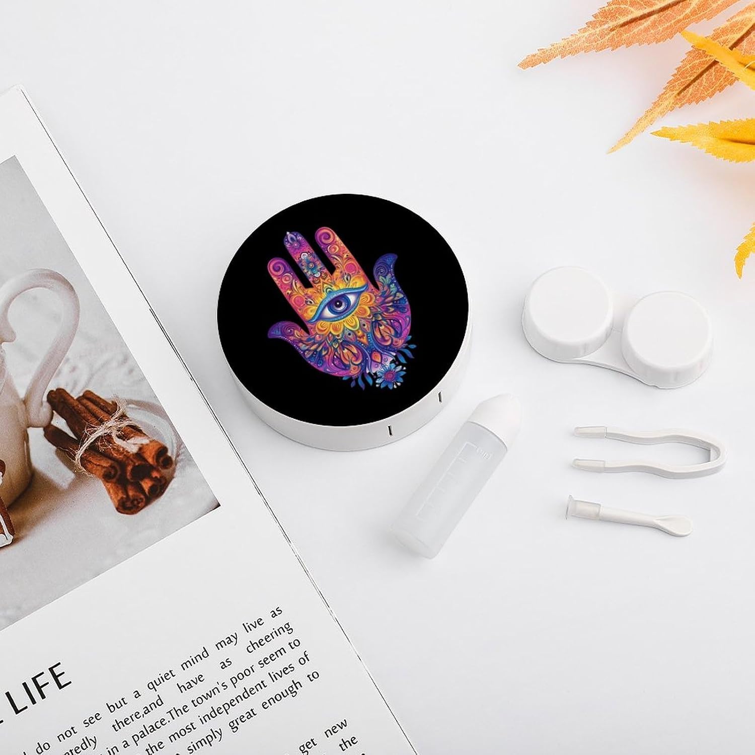 Colorful Hamsa Hand Mandala Spiritual Eye Contact Lens Case Travel Kit Portable Cute Contact Box with Mirror for Daily Outdoor