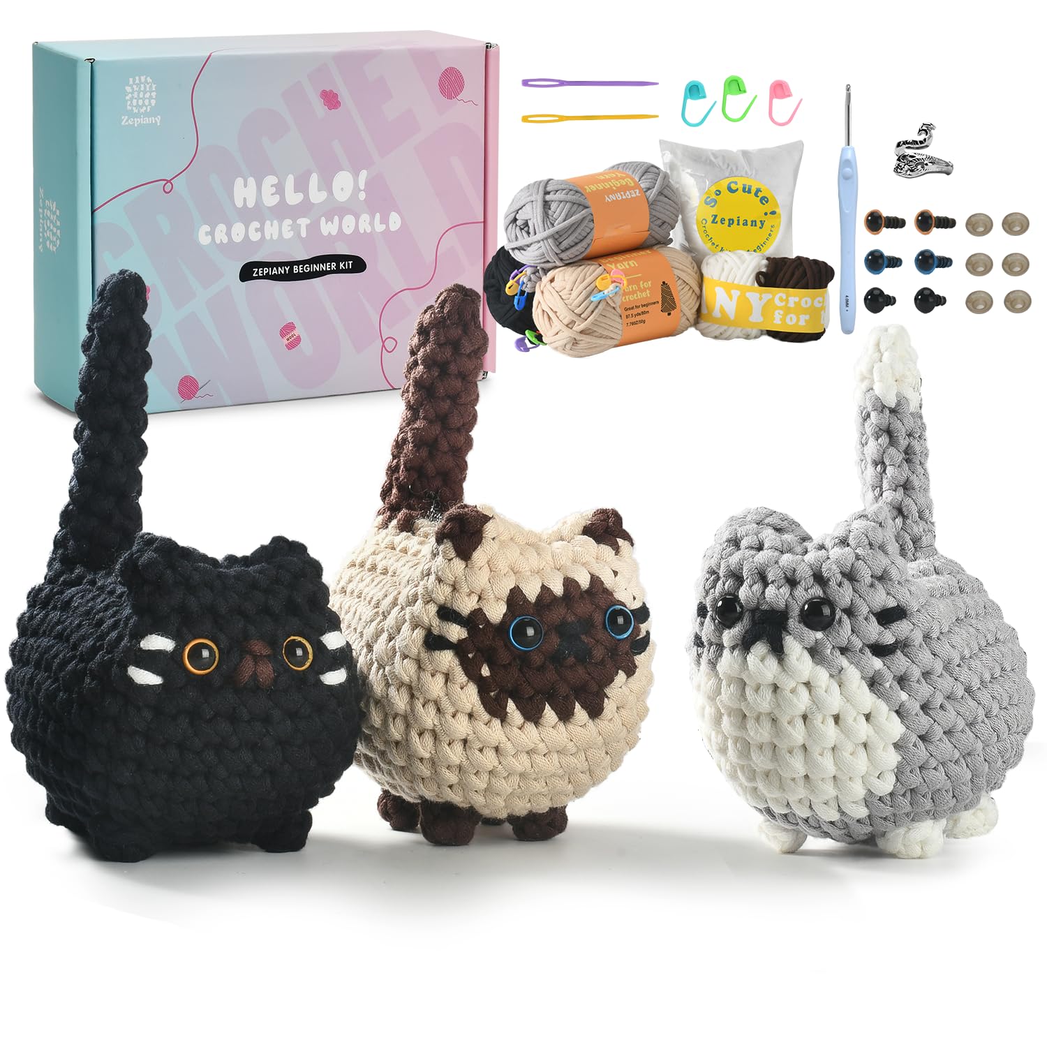 Zepiany Crochet Kit for Beginners, Crochet Cat Beginner Crochet Kit for Adults, Amigurumi Crochet Animals Cat Crafts Crochet Kits, Easy Knitting Kit Galentines Day Gifts