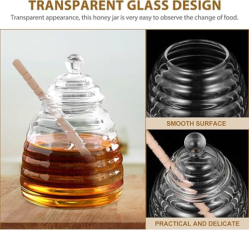 Miniatura 2 de Tarro de miel con tapón y tapa, recipientes de miel de vidrio con gotero, dispensador de miel de vidrio para la cocina del hogar