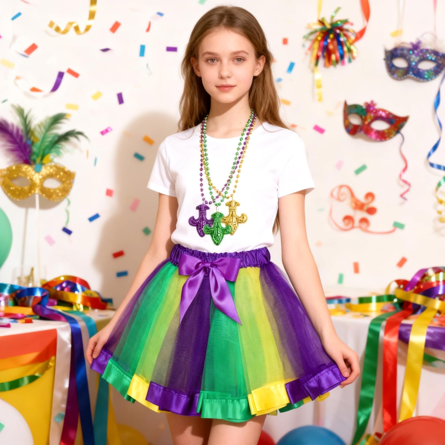 Heliltd 4pcs Mardi Gras Accessories include Tutus Skirt and Pendant Bead Necklaces Mardi Gras Dress for Women Costume Party - Image 2