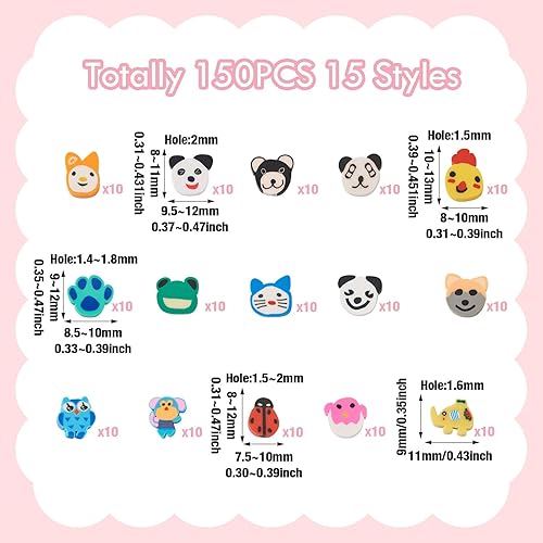 Miniatura 7 de KISSITTY 150 cuentas de arcilla polimérica de animales para gato, perro, pata, panda, mariquita, búho, pájaro, conejo, centro perforado, espaciador,