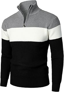 HOOD CREW Men’s Contrast Color Patchwork Jumper 1/4 Zip Knitted Sweater Long Sleeve Tops