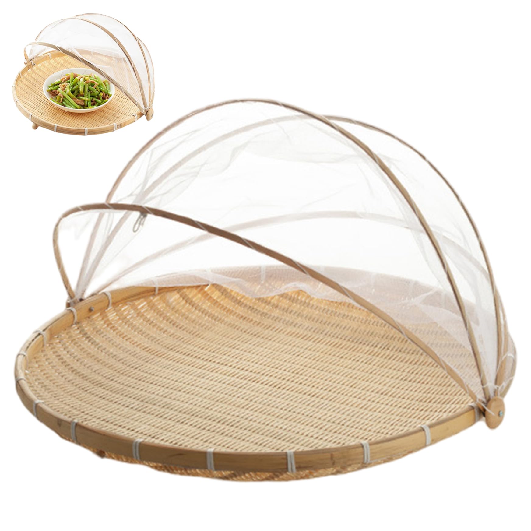 Mesh Fruit Basket with Lid 12 inch Bamboo Fruit Bowl Cover with Mesh Gauze Cover Outdoor Food Tent for Vegetables Fruits Bread & Home Food Storage